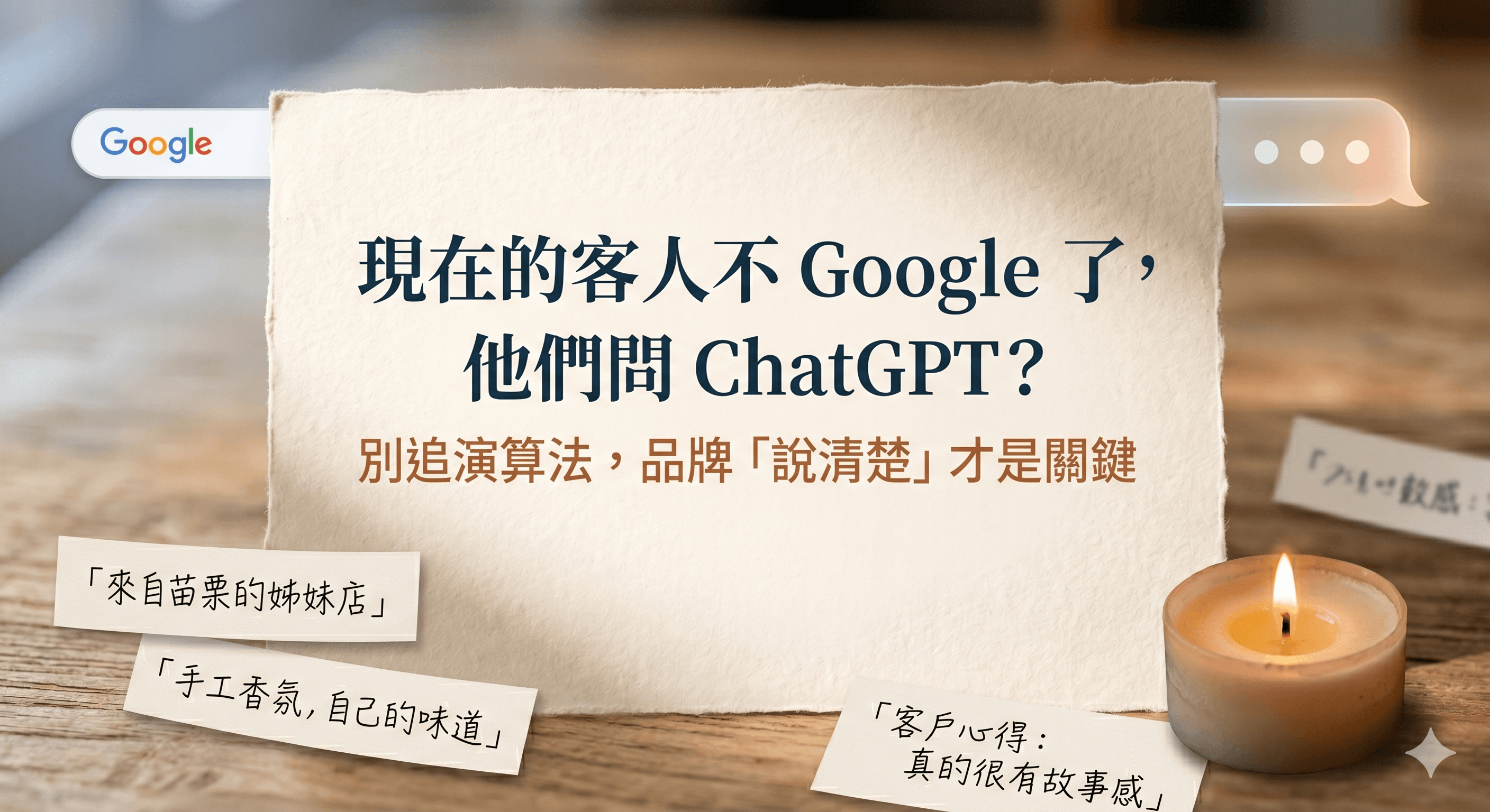 午後窗邊的溫暖木質工作桌，上面有品牌故事筆記本、拿鐵、鋼筆與顯示乾淨網站首頁的筆電