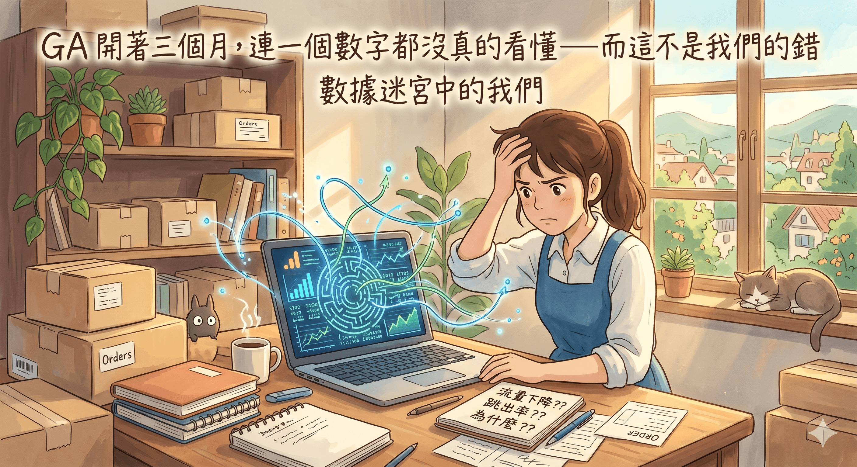 午後陽光灑在木質工作桌上，筆電螢幕顯示模糊的數據儀表板，旁邊有拿鐵、筆記本與筆