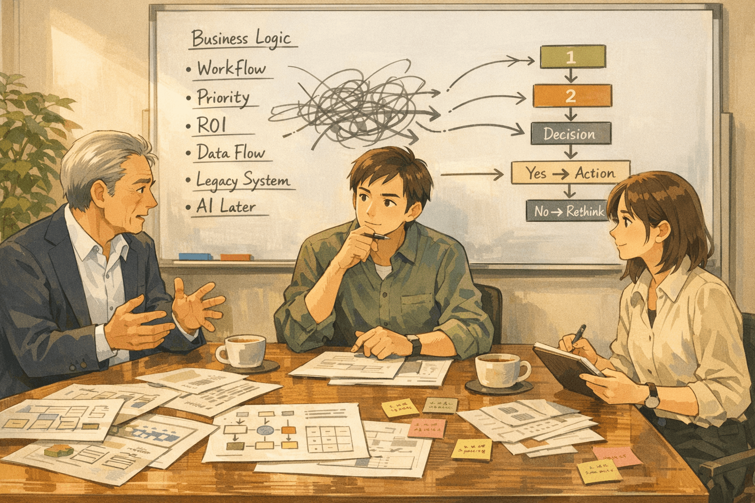老闆與團隊在白板前討論系統翻修順序與決策的情境插畫