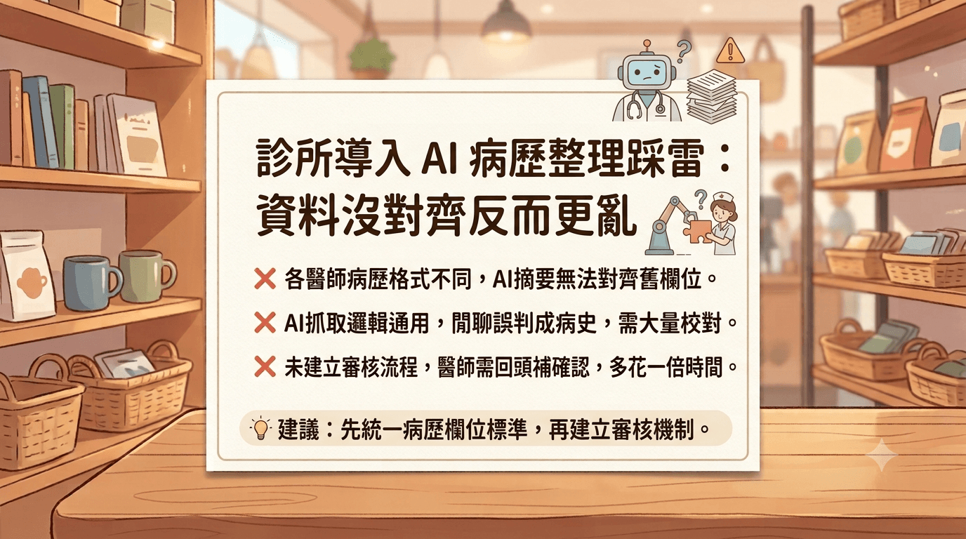 診所醫師與護理人員檢查 AI 病歷摘要錯誤