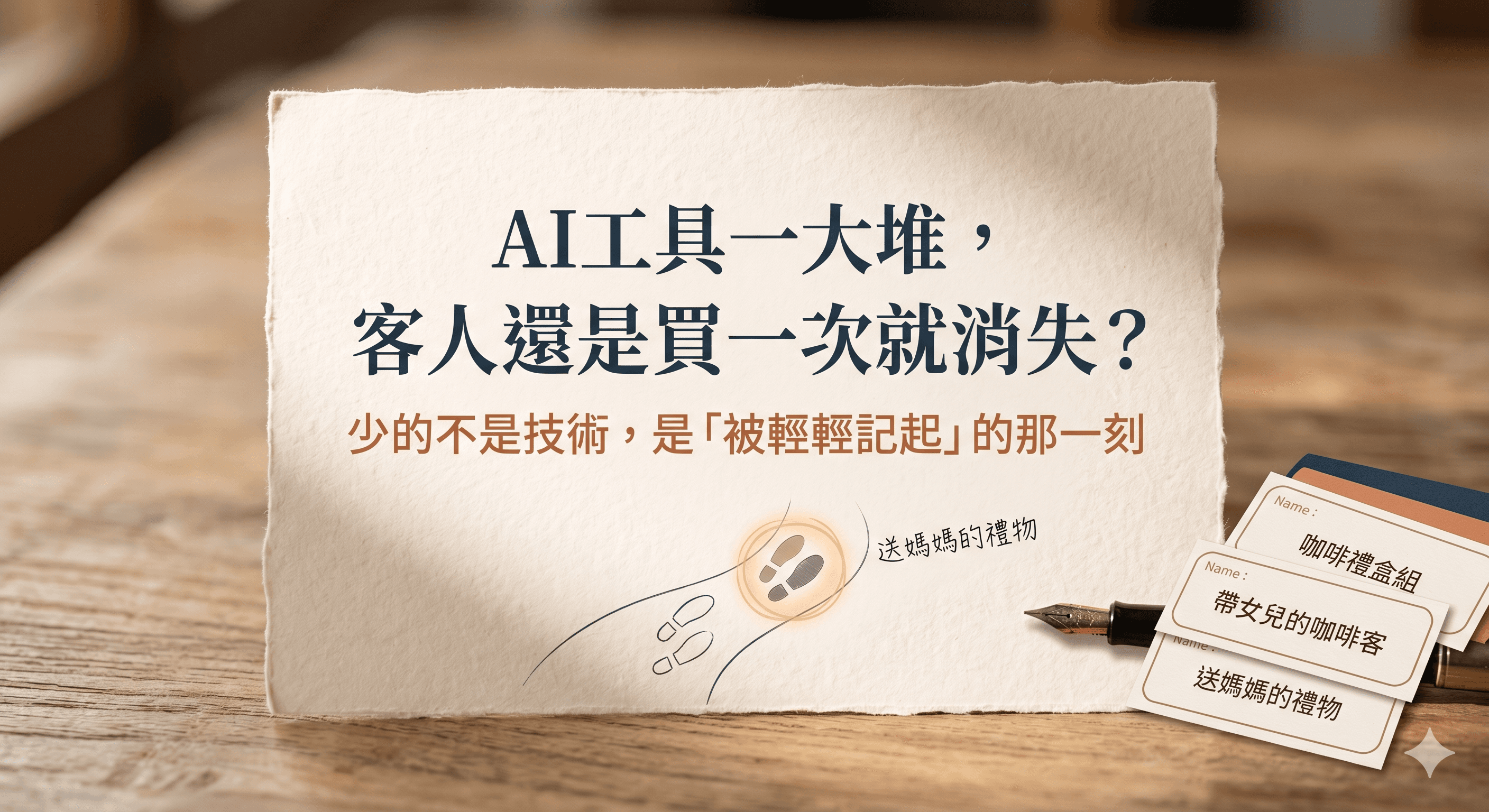 午後窗邊的溫暖木桌，上面有手寫感謝卡、拿鐵、鋼筆與微微發亮的手機，呈現店家記得客人的安靜時刻