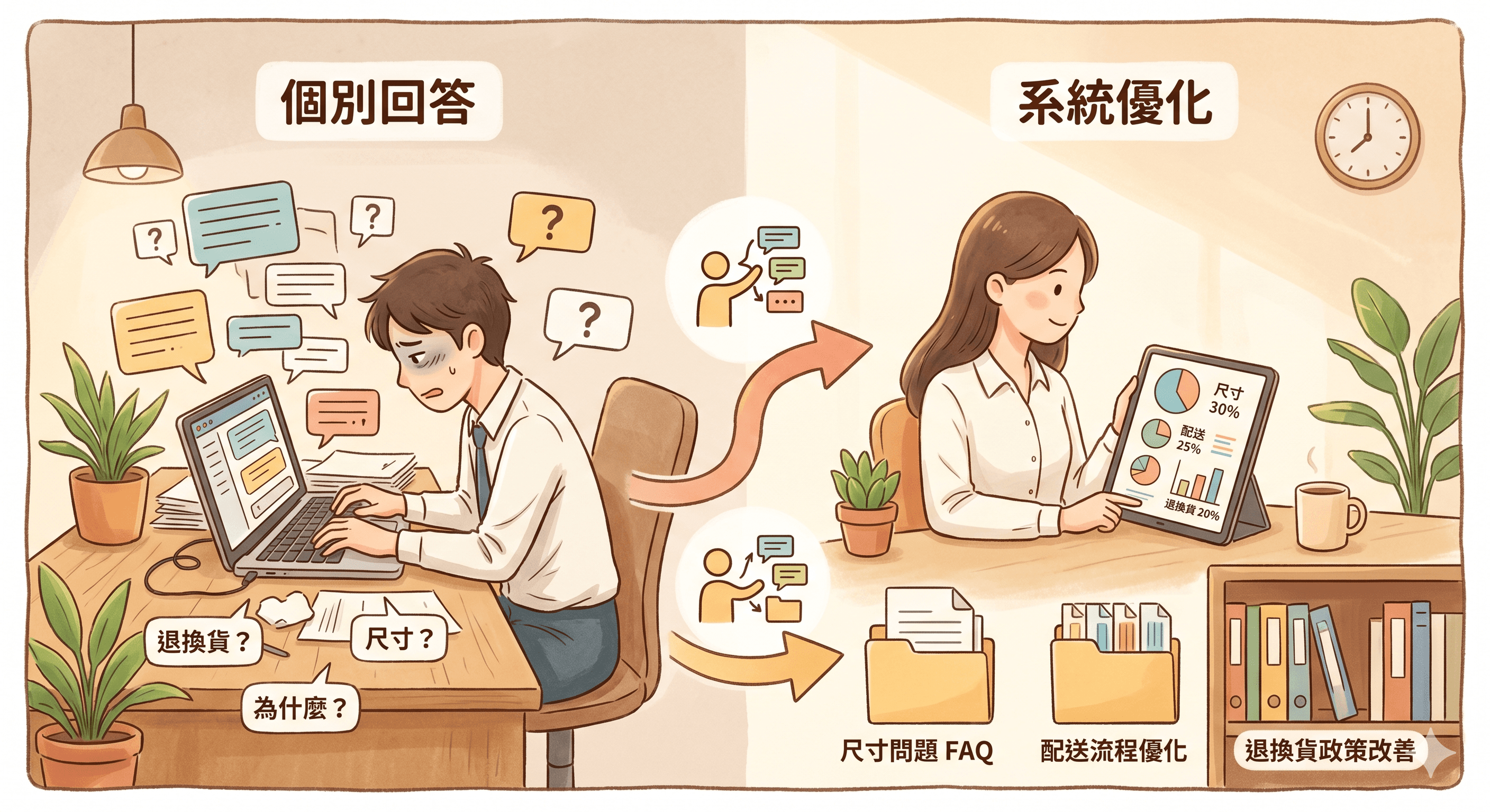 木質桌面上的手機顯示客服對話，旁邊有筆記本、咖啡與標記問題類型的便利貼