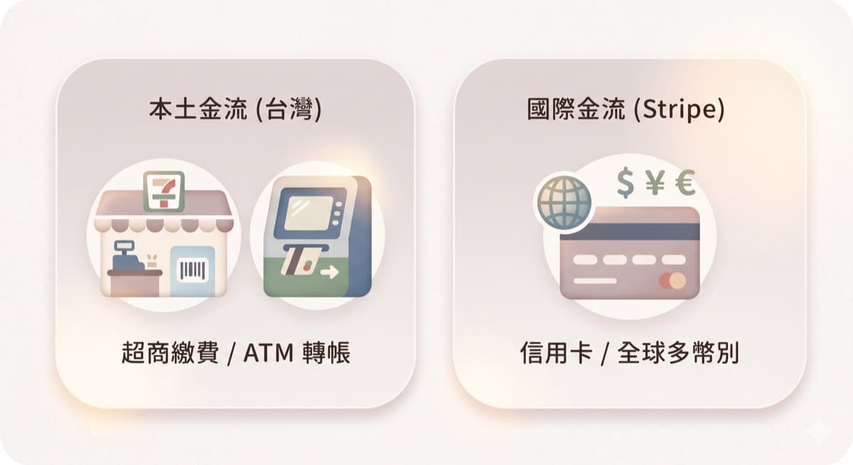本土金流與國際金流的比較圖，左側標示超商繳費與 ATM 轉帳，右側標示 Stripe 信用卡與全球多幣別