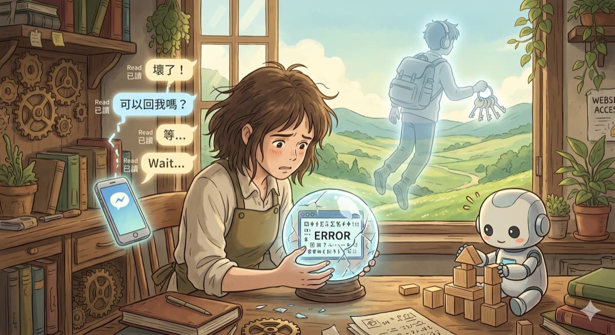 一名焦急的店主抱著顯示錯誤訊息的水晶球，手機訊息顯示已讀未回，窗外工程師帶著鑰匙遠去，象徵網站上線後找不到人維護的風險