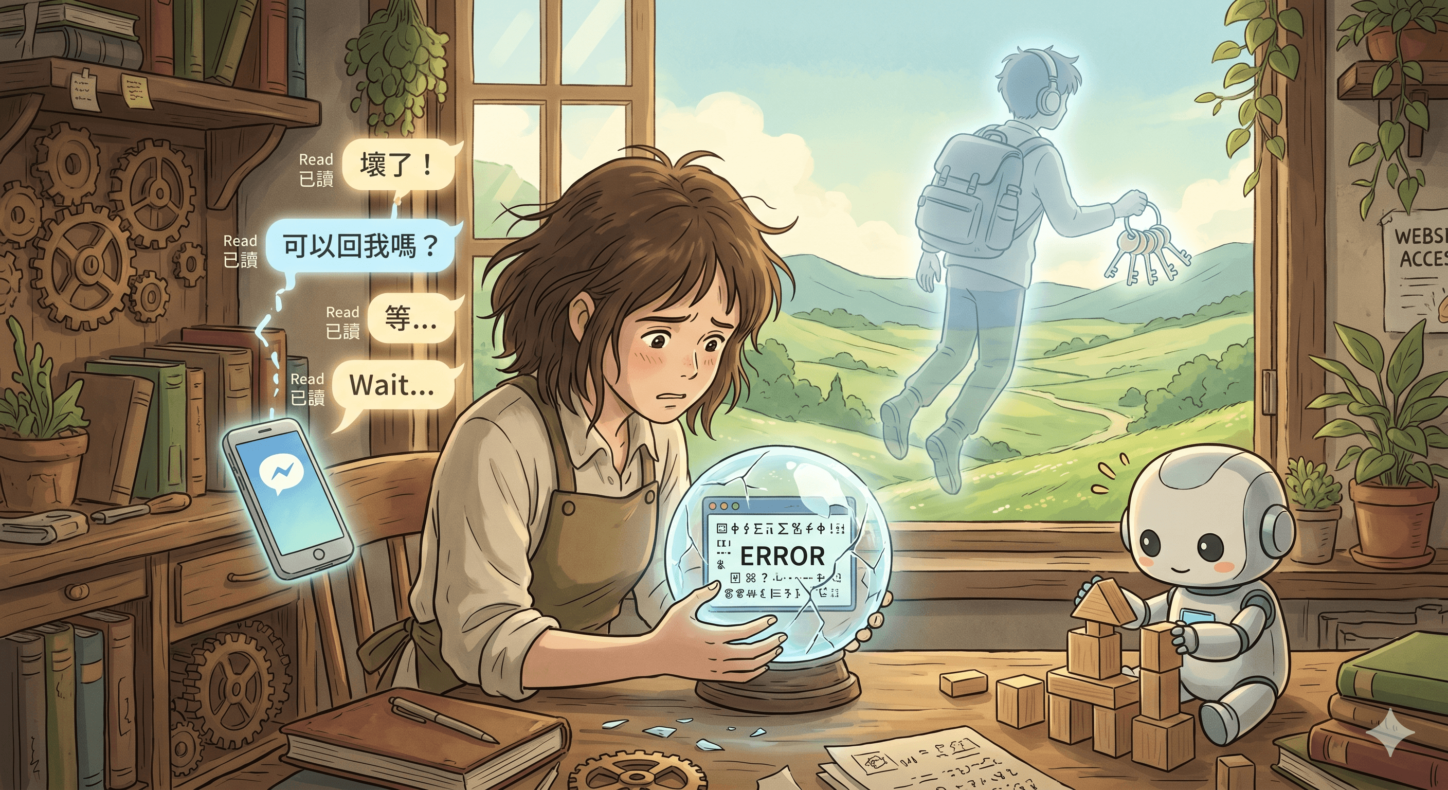 一名焦急的店主抱著顯示錯誤訊息的水晶球，手機訊息顯示已讀未回，窗外工程師帶著鑰匙遠去，象徵網站上線後找不到人維護的風險