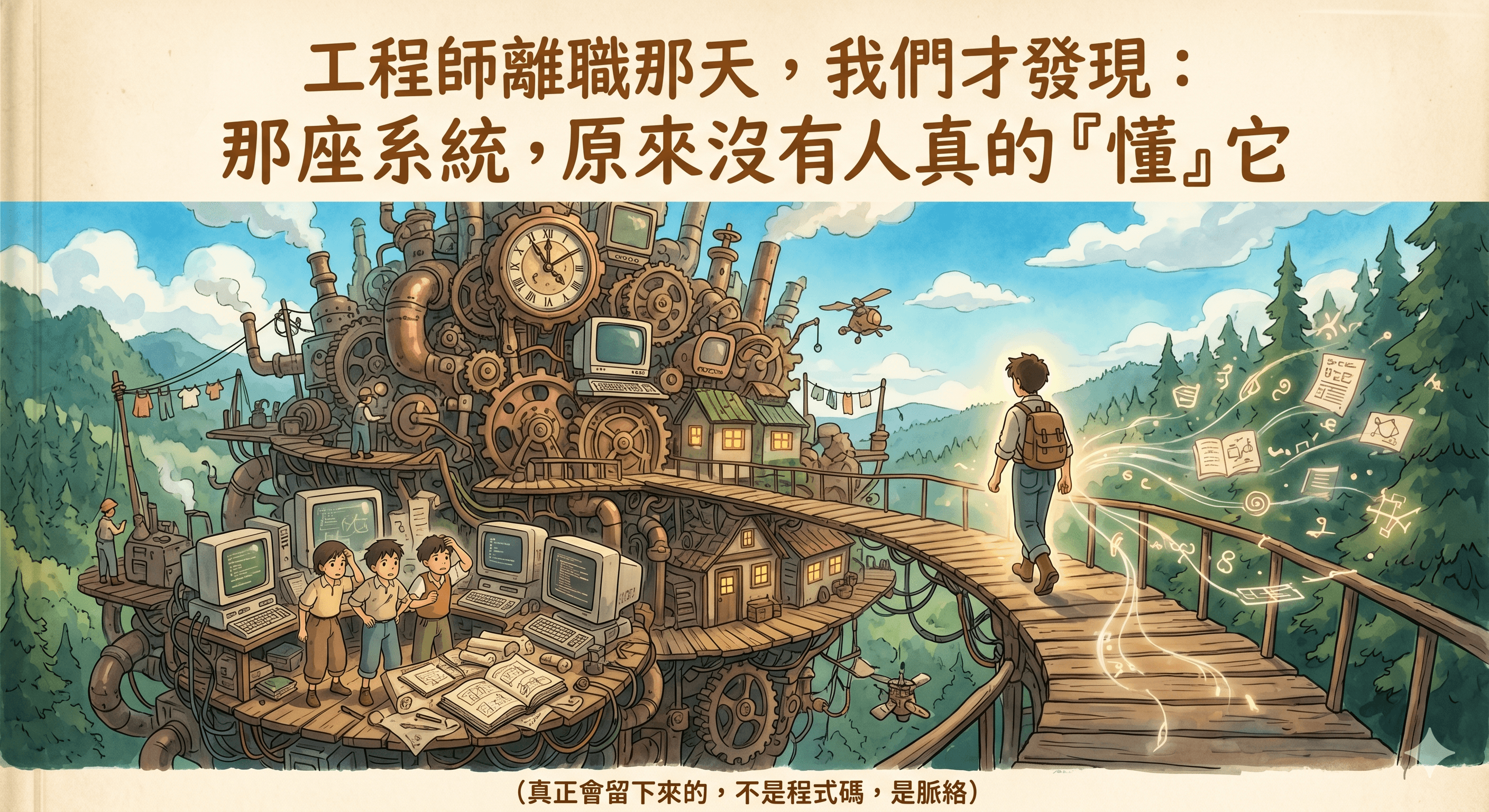 手繪風格的巨大舊系統機械與電腦裝置，工程師離開後團隊站在旁邊，右側木橋延伸出文件與脈絡的光線