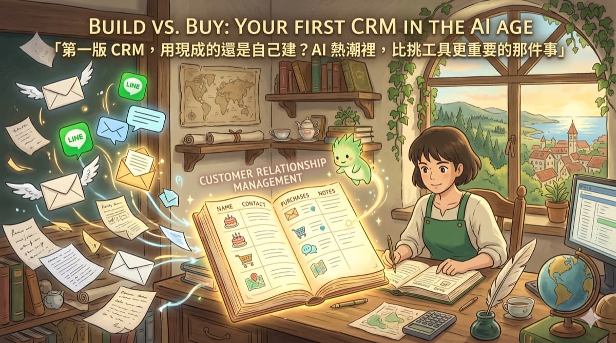 第一版 CRM 主題插畫，畫面呈現品牌將分散在訊息、信件與紙本上的客戶資訊整理進 CRM 系統