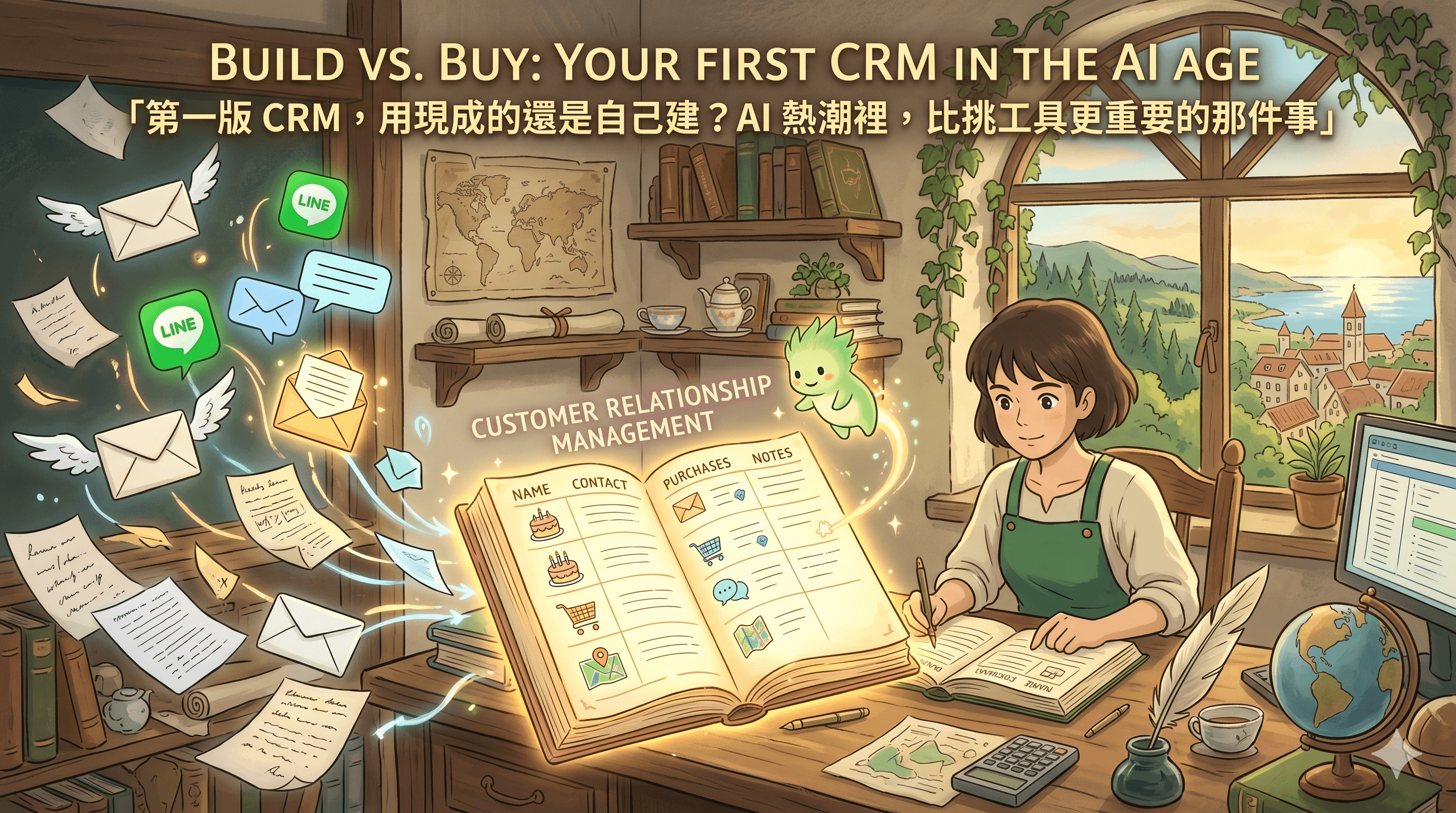 第一版 CRM 主題插畫，畫面呈現品牌將分散在訊息、信件與紙本上的客戶資訊整理進 CRM 系統