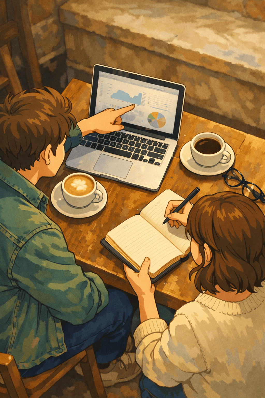 兩人在咖啡館桌邊看著筆電上的資料圖表並做筆記，象徵接案初期與客戶一起釐清問題的討論場景