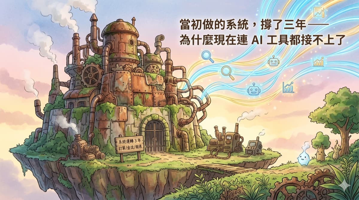 老舊木桌上放著打開的筆電、便利貼與系統截圖，午後陽光灑進室內，呈現系統老化與升級轉折的氛圍