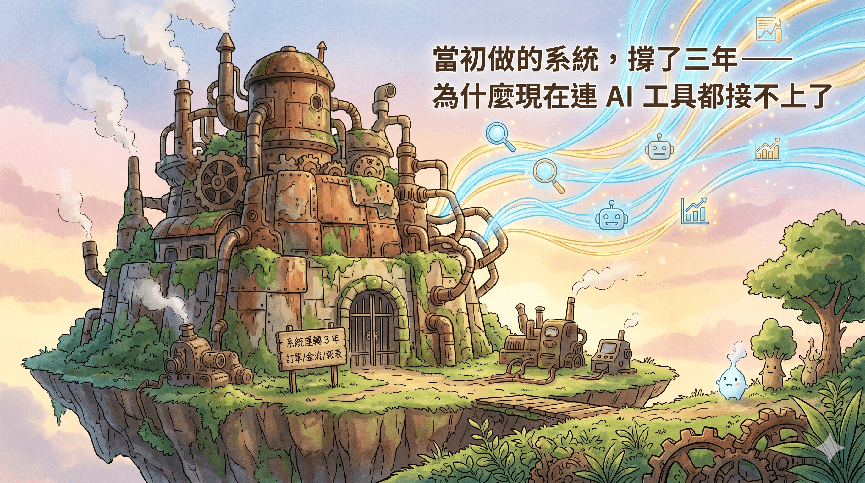 老舊木桌上放著打開的筆電、便利貼與系統截圖，午後陽光灑進室內，呈現系統老化與升級轉折的氛圍