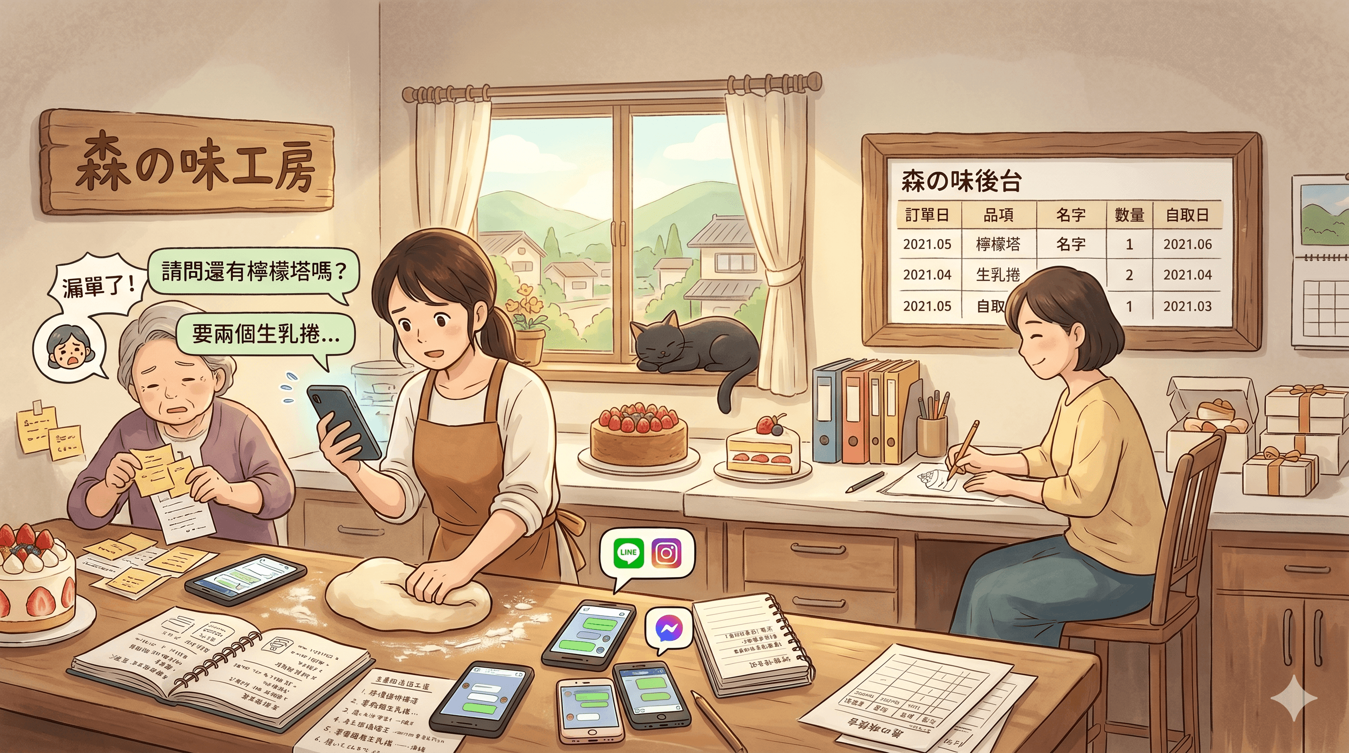 手作甜點工作室的溫暖插畫，店主一邊揉麵糰一邊看手機訊息，桌上散落訂單與通訊軟體通知，背景白板顯示整理中的訂單後台
