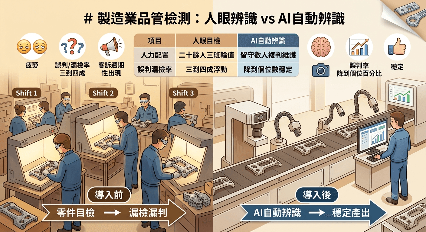製造業品管檢測導入前後，人眼辨識與 AI 自動辨識流程對照圖