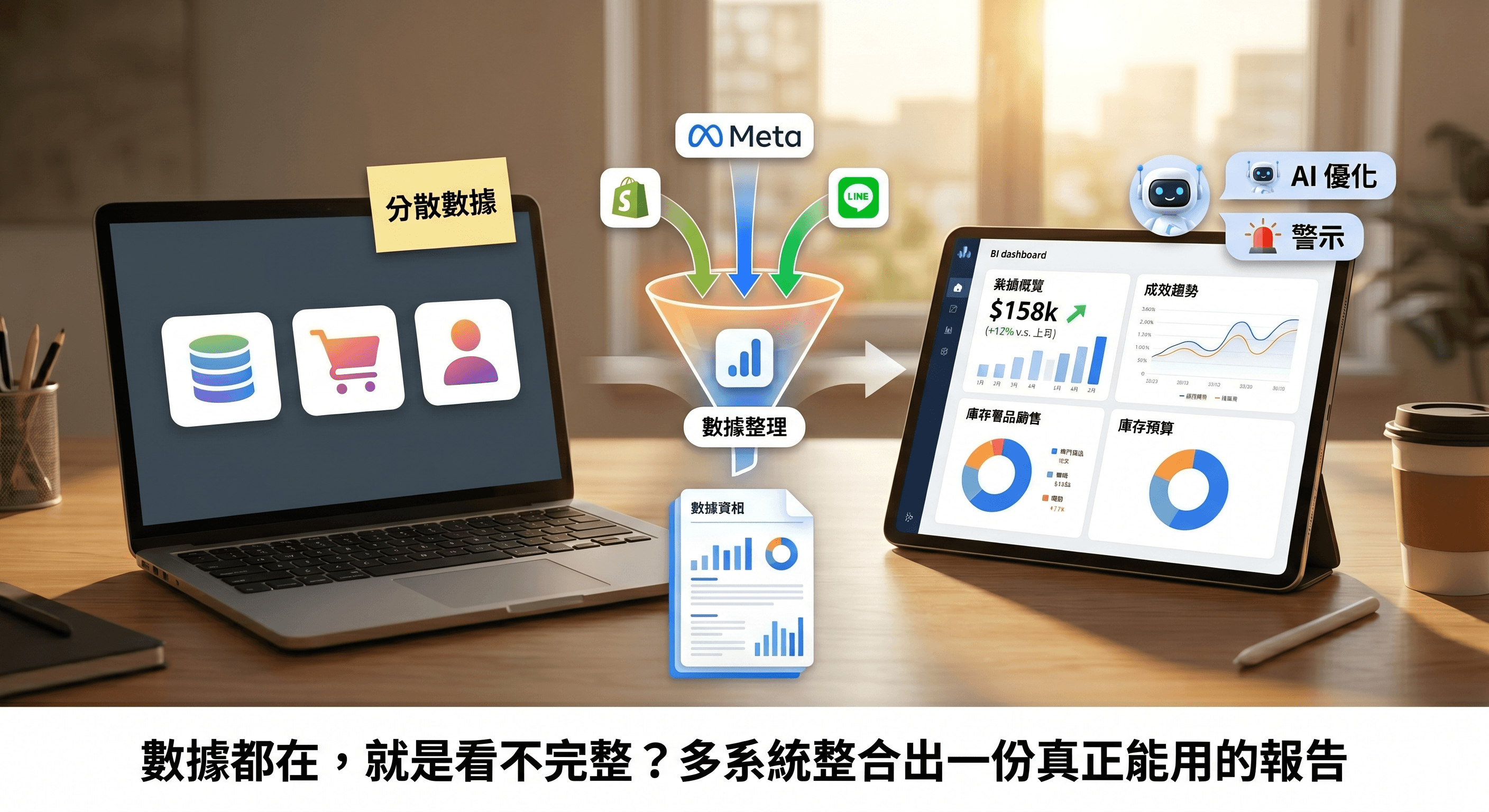 溫暖光線下的筆電數據看板與桌面筆記，象徵多系統報表整合