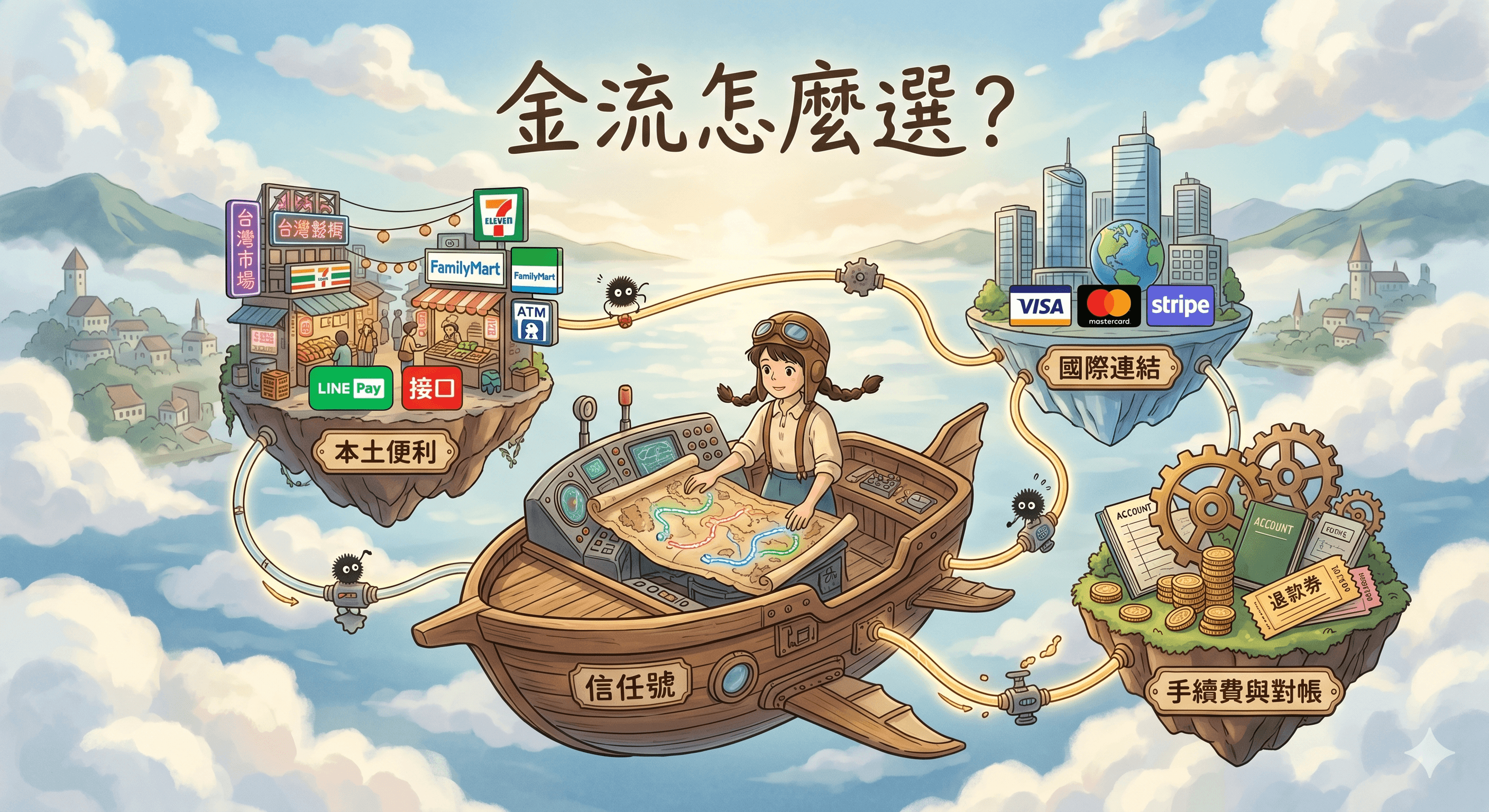 金流選型主題插畫，畫面包含本土支付、國際連結、手續費與對帳等元素