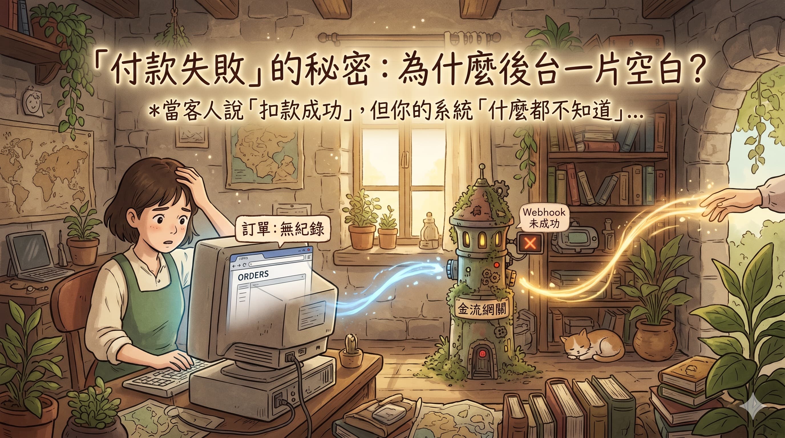 電商付款流程異常示意圖，金流成功通知在 Webhook 與後台訂單之間中斷