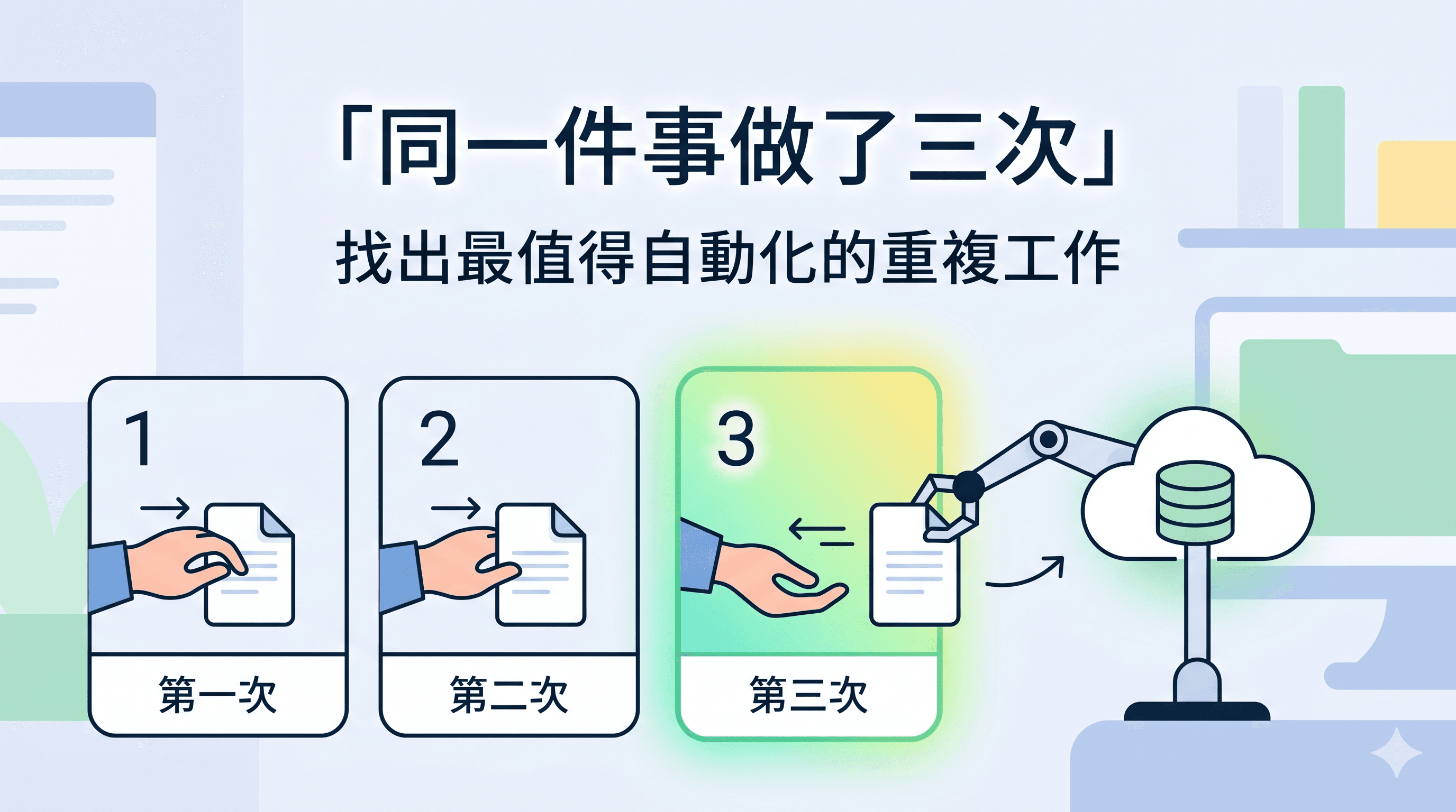 溫暖木桌上的手寫筆記、咖啡與筆電，象徵找出重複工作並開始自動化