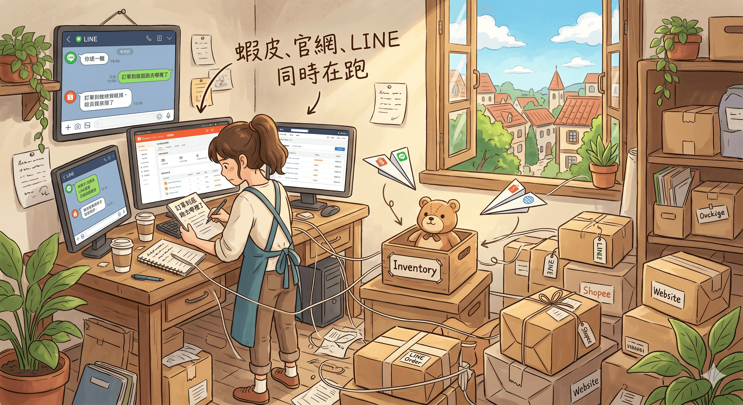 店主在工作室同時管理蝦皮、官網與 LINE 訂單，周圍有庫存箱與待出貨包裹