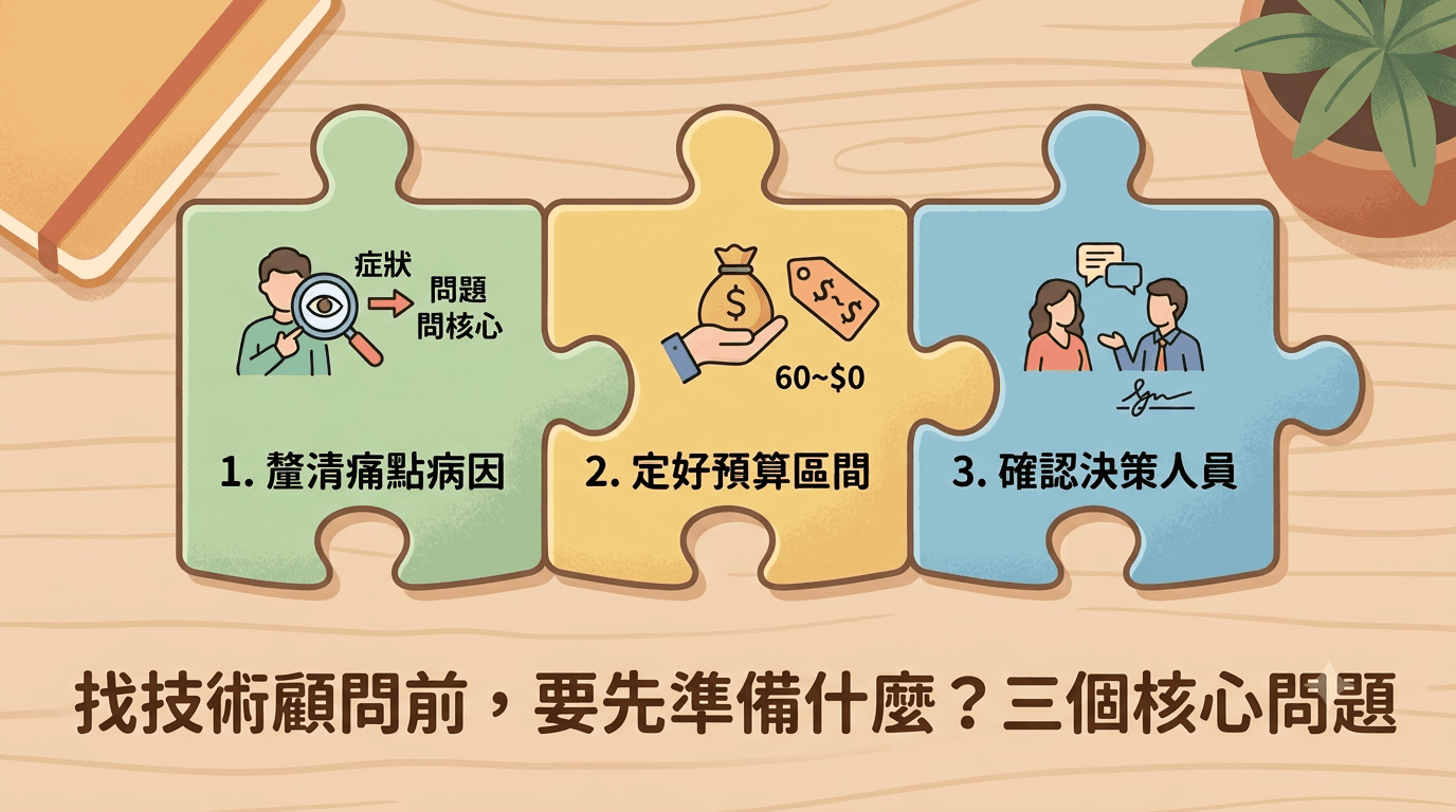 三片拼圖整理找技術顧問前要釐清痛點病因、預算區間與決策人員