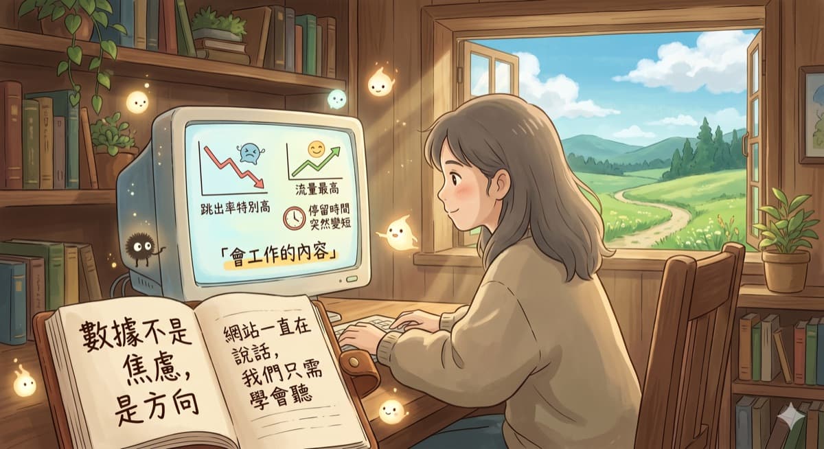 溫暖木質書桌上的筆電顯示網站數據報表，旁邊有咖啡與翻開的筆記本