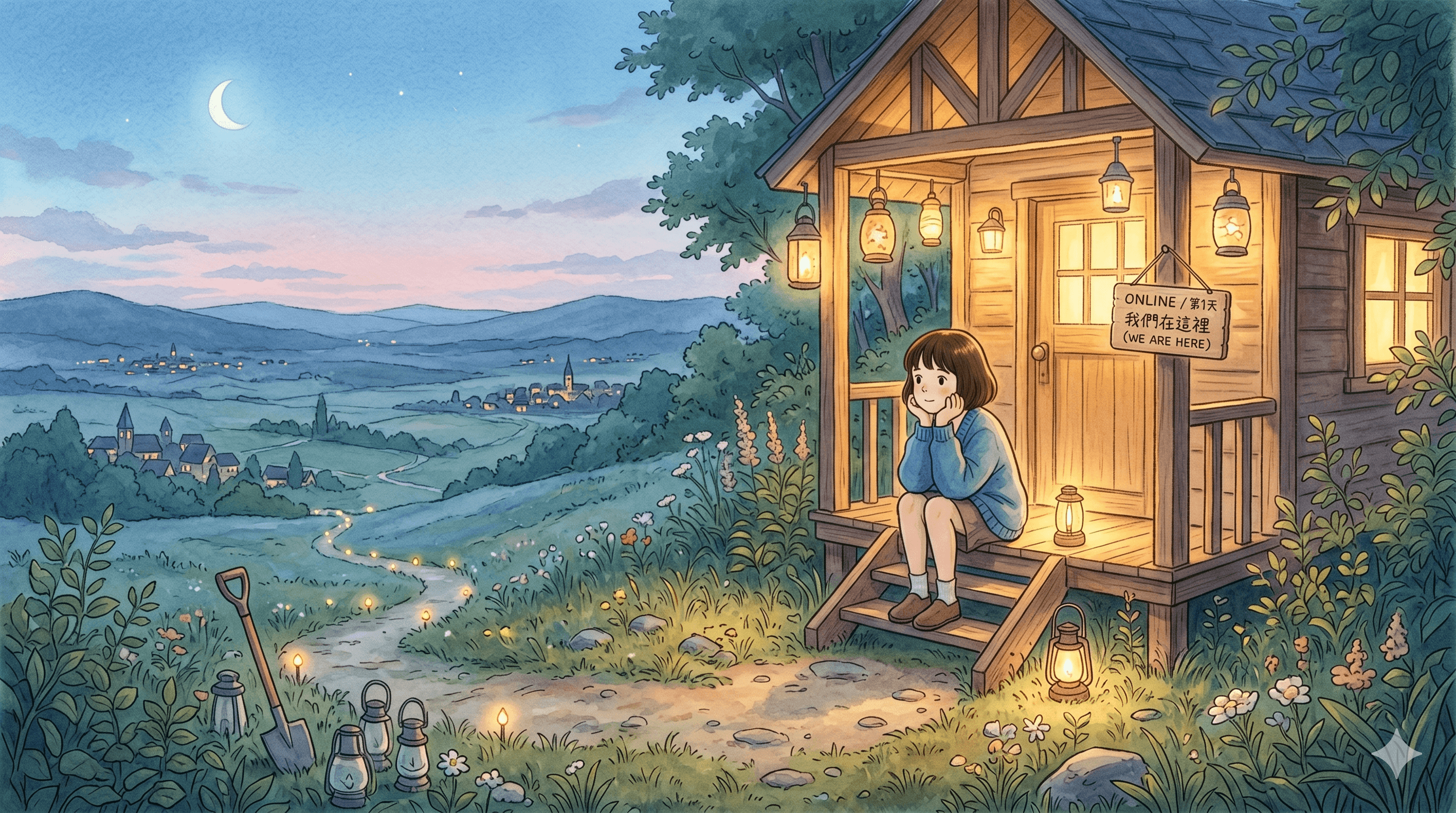 山坡上的木屋亮著暖燈，一名女孩坐在門口等待，門牌寫著我們在這裡，遠方有通往山下城鎮的小路