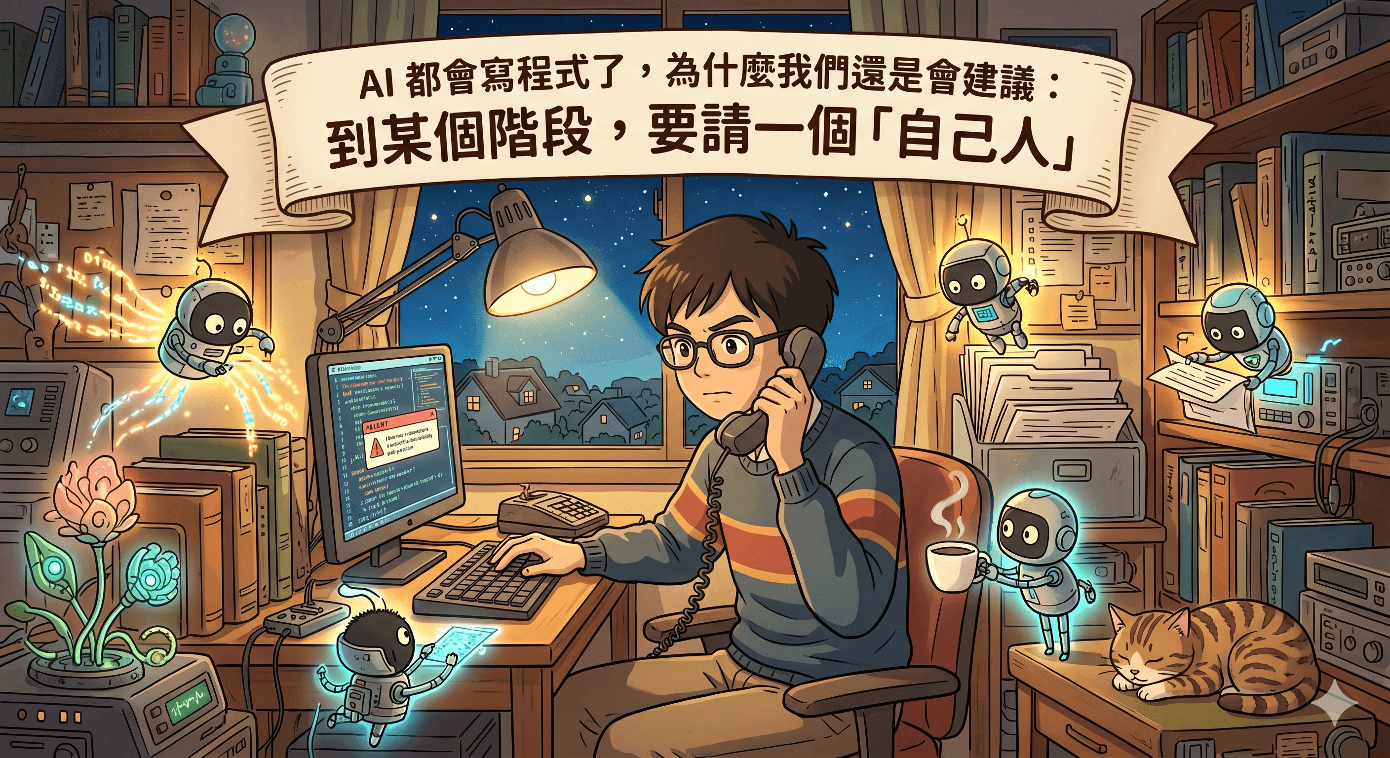 手繪風格的深夜工作室，一位技術人接起電話，周圍有 AI 機器人協助處理程式與文件