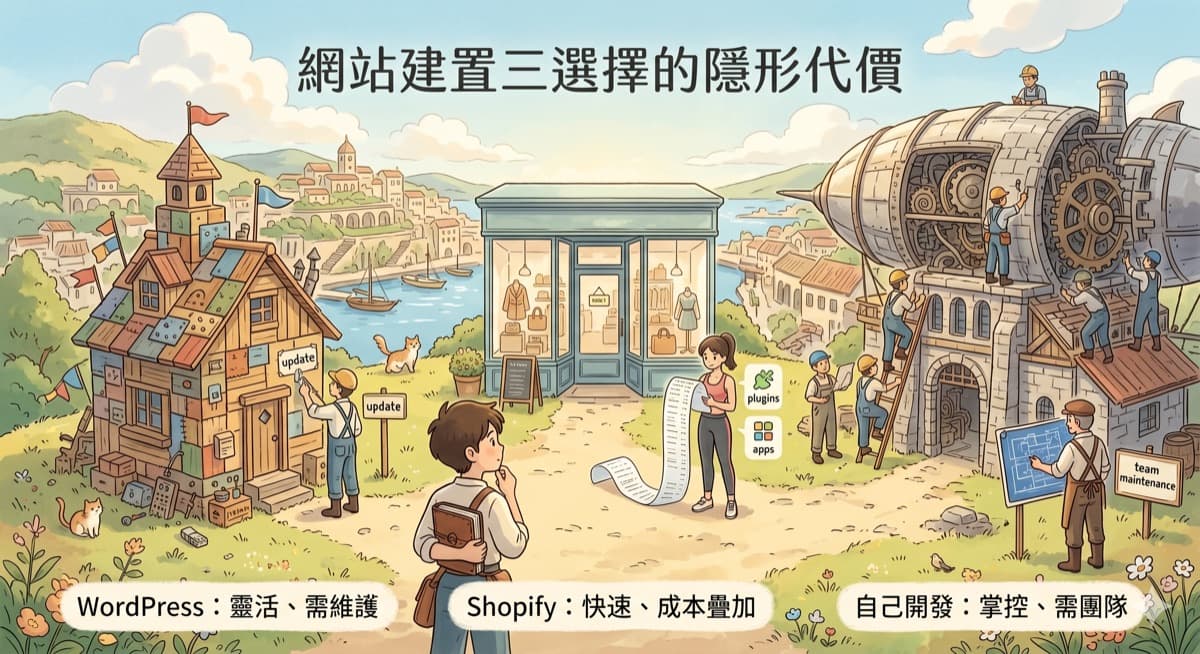 插畫呈現 WordPress、Shopify 與自己開發三種網站建置選擇，分別象徵維護、成本疊加與團隊維運代價