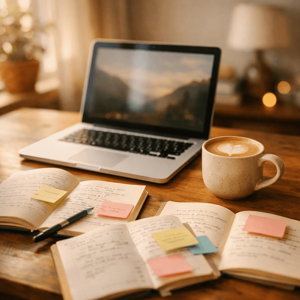 木質桌面上的筆電、筆記本與咖啡，象徵網站工具選擇與思考決策的工作場景