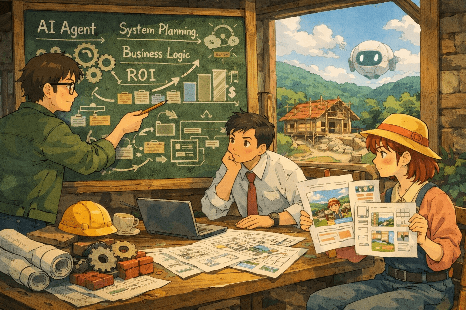 討論 AI 專案規劃、業務邏輯與設計順序的情境插畫