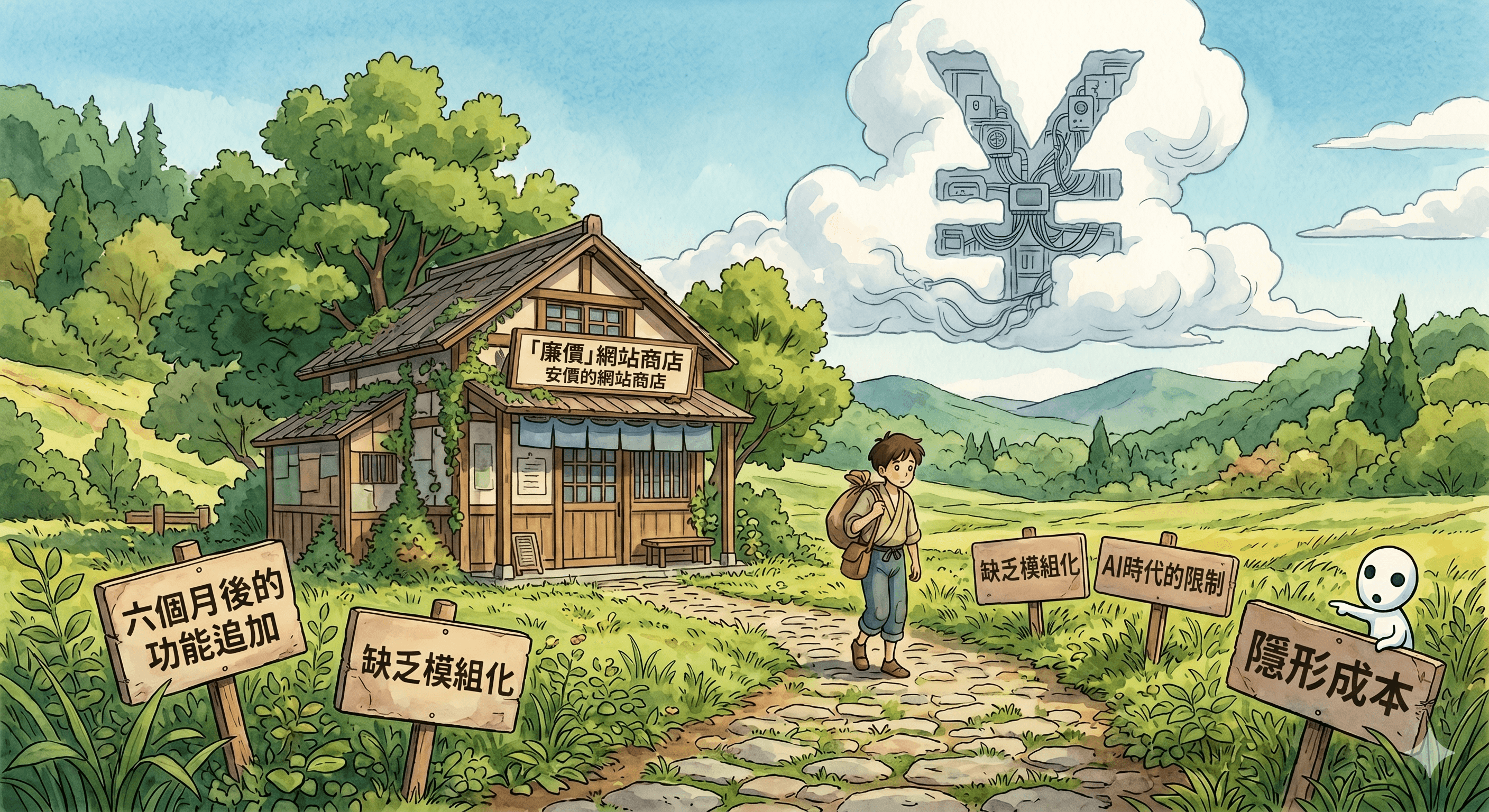 鄉間小店與石板路的插畫場景,路邊立牌寫著缺乏模組化、AI 時代的限制與隱形成本,象徵便宜網站後續逐漸浮現的維護代價