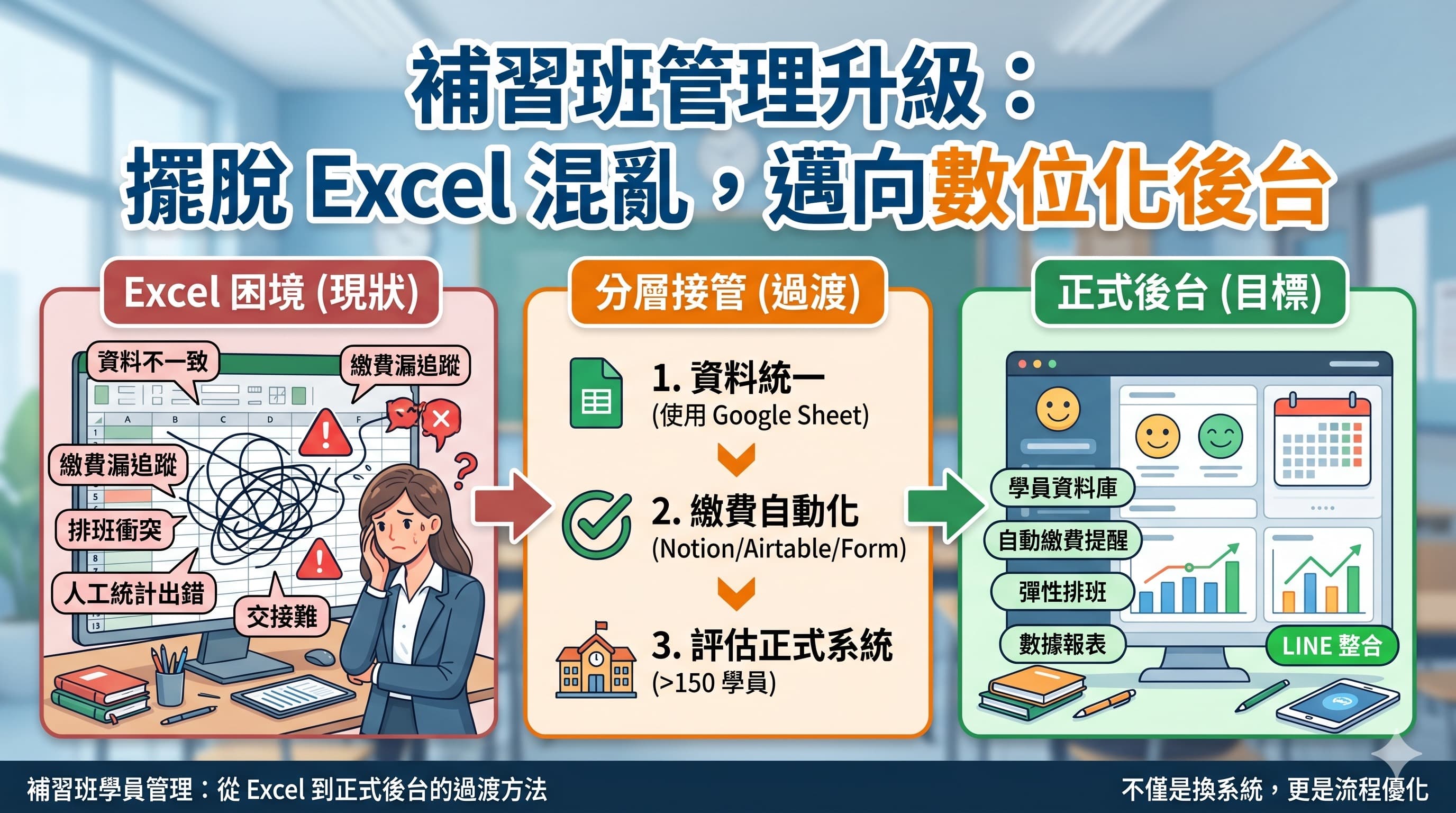 補習班學員資料、課程排班與繳費狀態集中到內部管理系統的示意圖