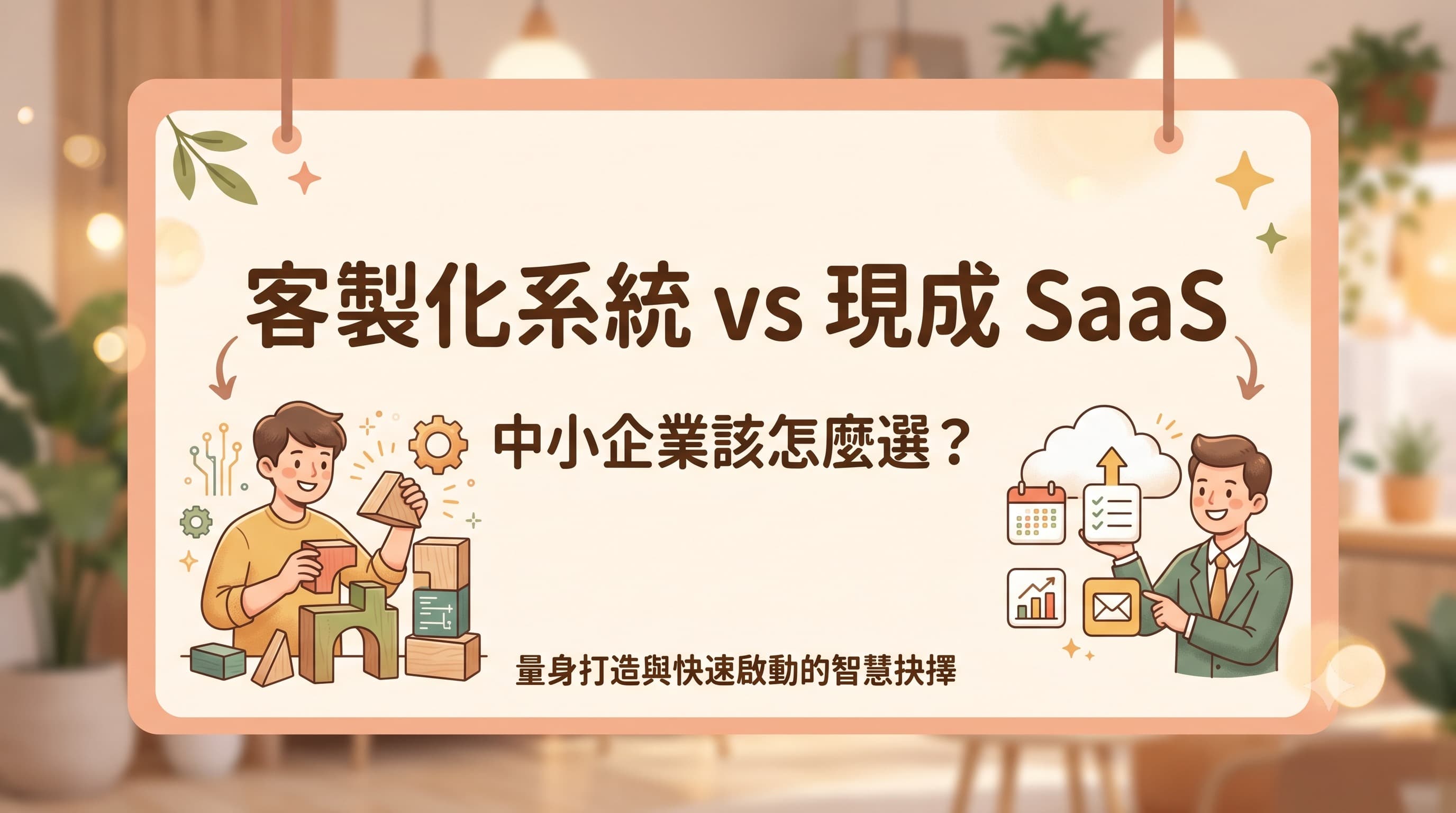 Illustrated cover for custom system vs. off-the-shelf SaaS for SMBs