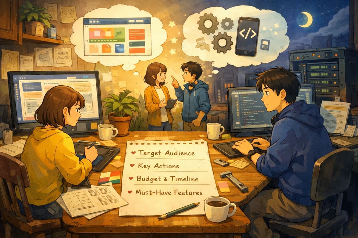 設計師與工程師圍著工作桌討論網站規劃,桌上列著目標受眾、關鍵動作、預算時程與必要功能的插畫場景