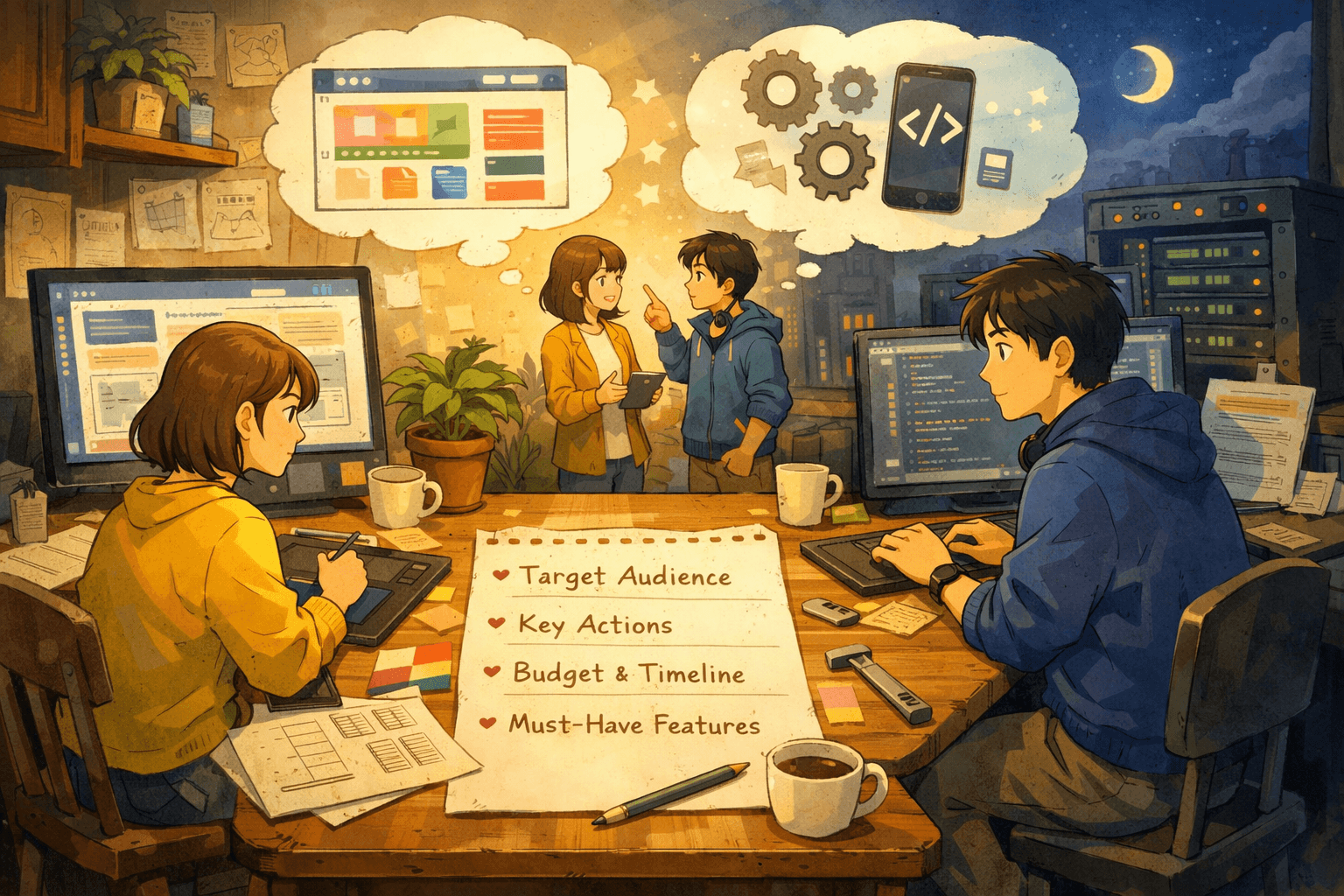 設計師與工程師圍著工作桌討論網站規劃,桌上列著目標受眾、關鍵動作、預算時程與必要功能的插畫場景