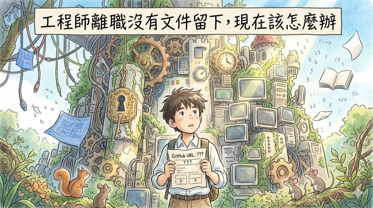 手繪風格的舊系統機械與電腦牆前,一位年輕人拿著寫有 GitHub URL 問號的文件,呈現工程師離職後沒有文件可接手的困境