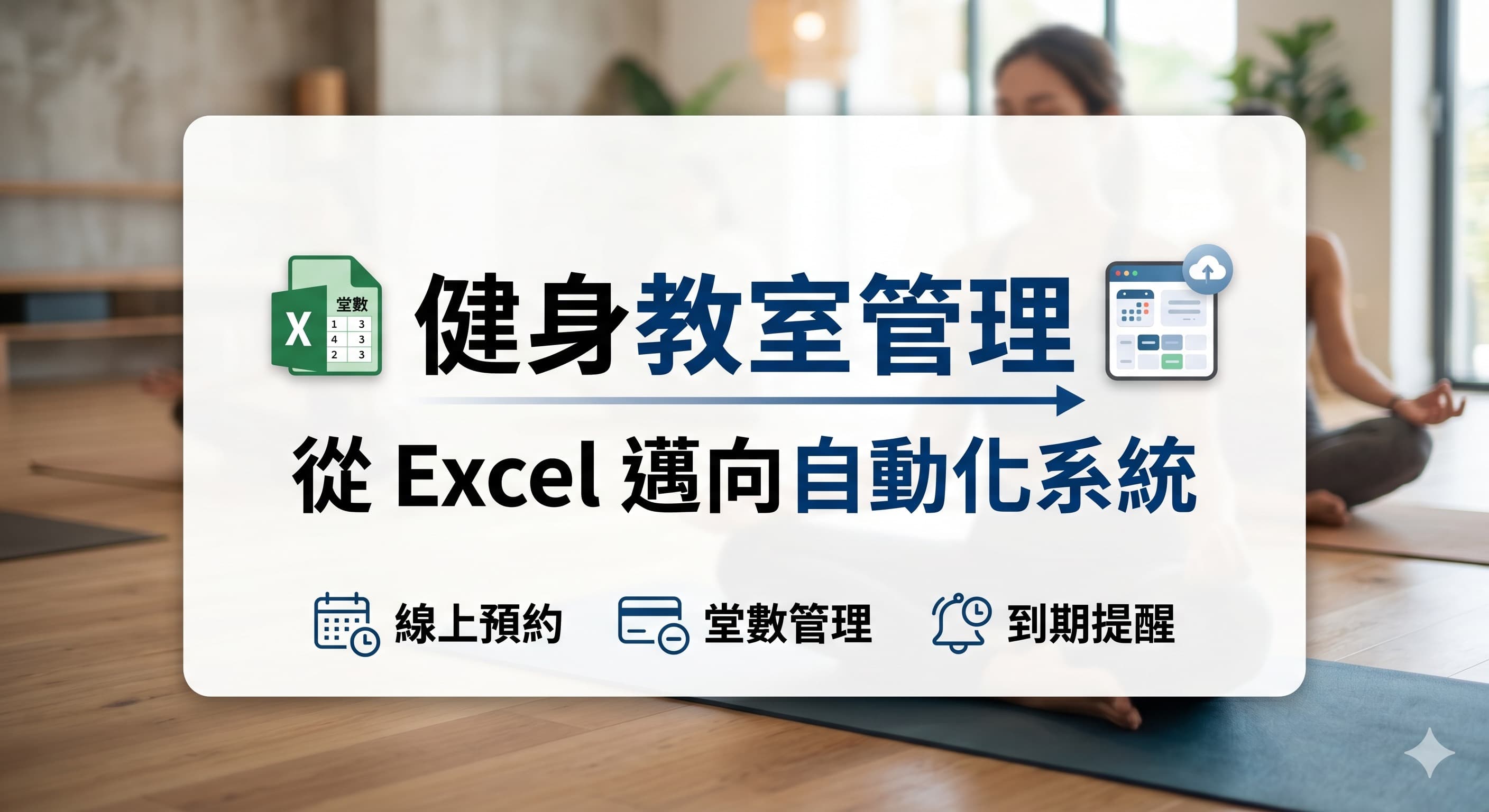 瑜珈教室櫃台筆電顯示課程排程系統,旁邊有手機預約通知與會員卡
