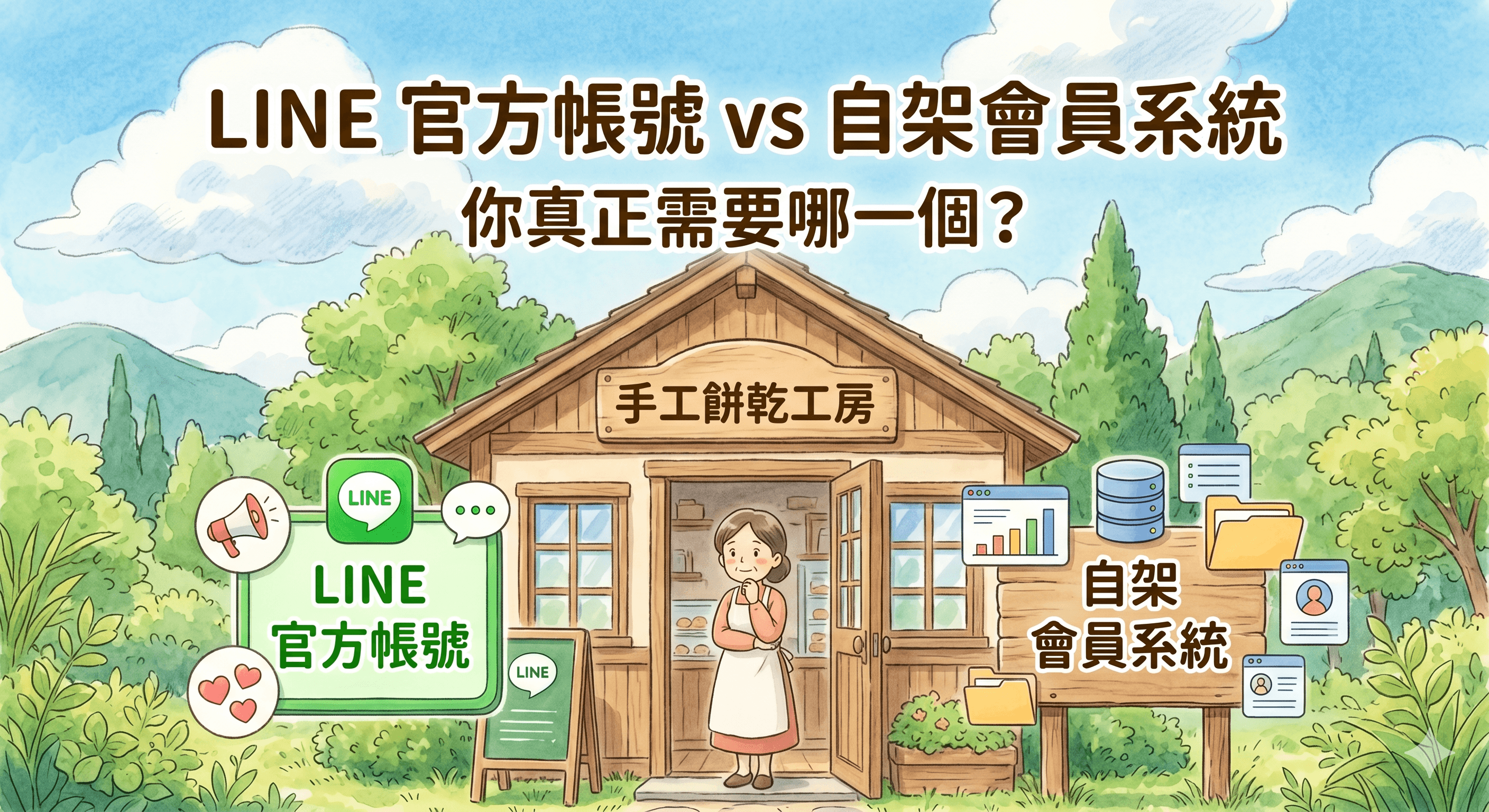 會員系統與 LINE 官方帳號比較示意圖,呈現顧客資料、推播訊息與回購經營的差異