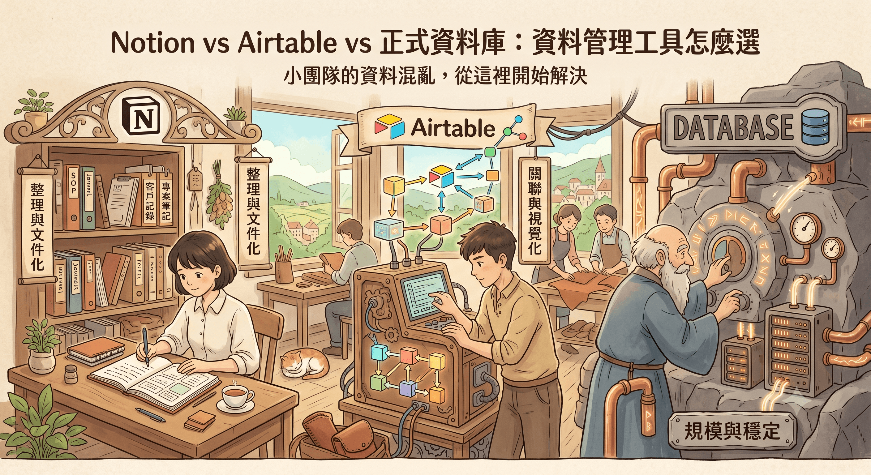 Notion、Airtable 與正式資料庫三種資料管理工具的插畫比較,呈現整理文件、關聯資料與規模穩定的差異