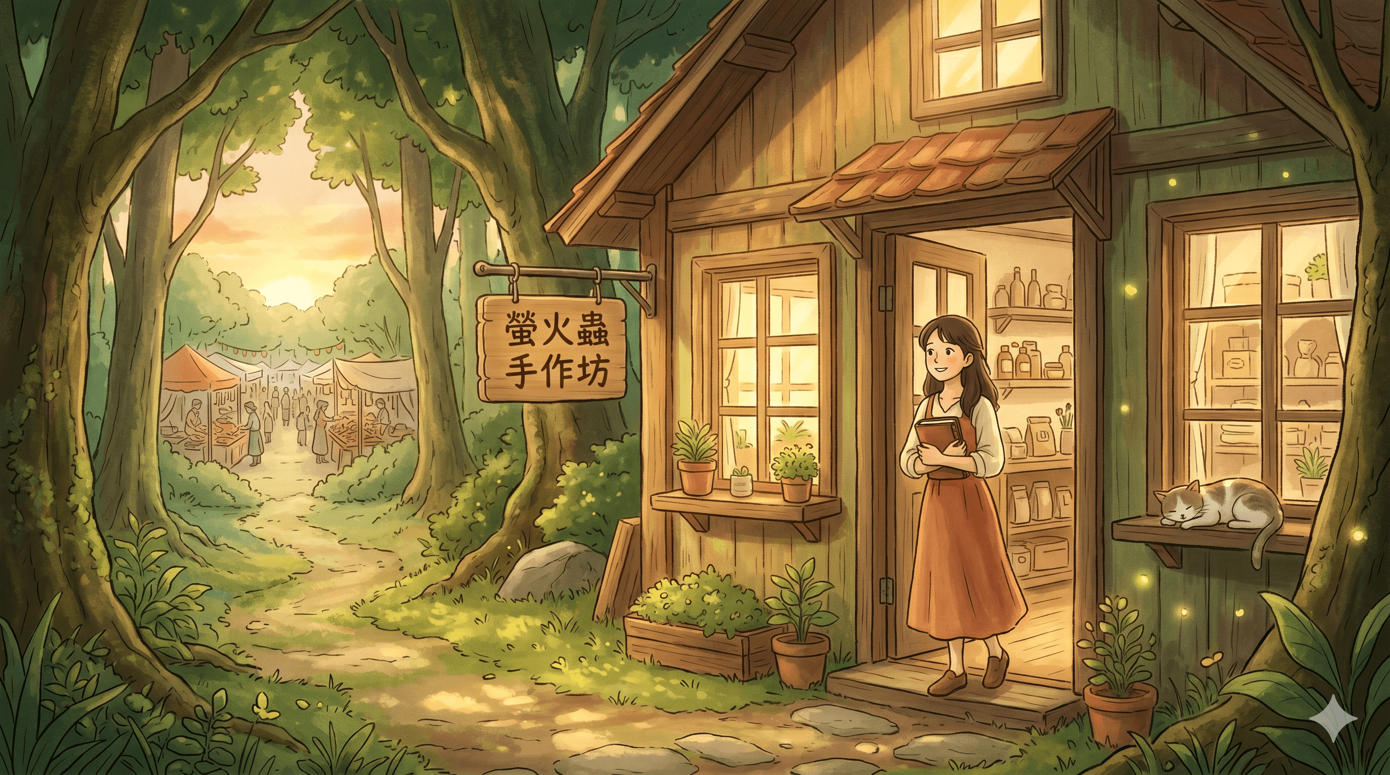 森林市集旁的手作品牌小屋,店主站在自有店面門口,象徵商家從平台流量走向自己的品牌根據地