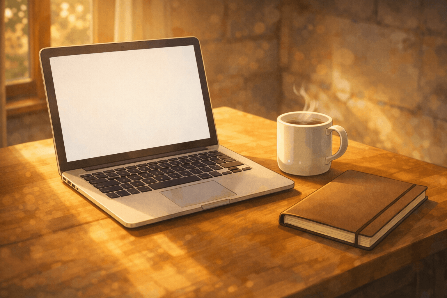 一台打開的筆電放在溫暖的桌面上,旁邊有咖啡與筆記本,象徵網站上線後仍在等待訪客的安靜場景