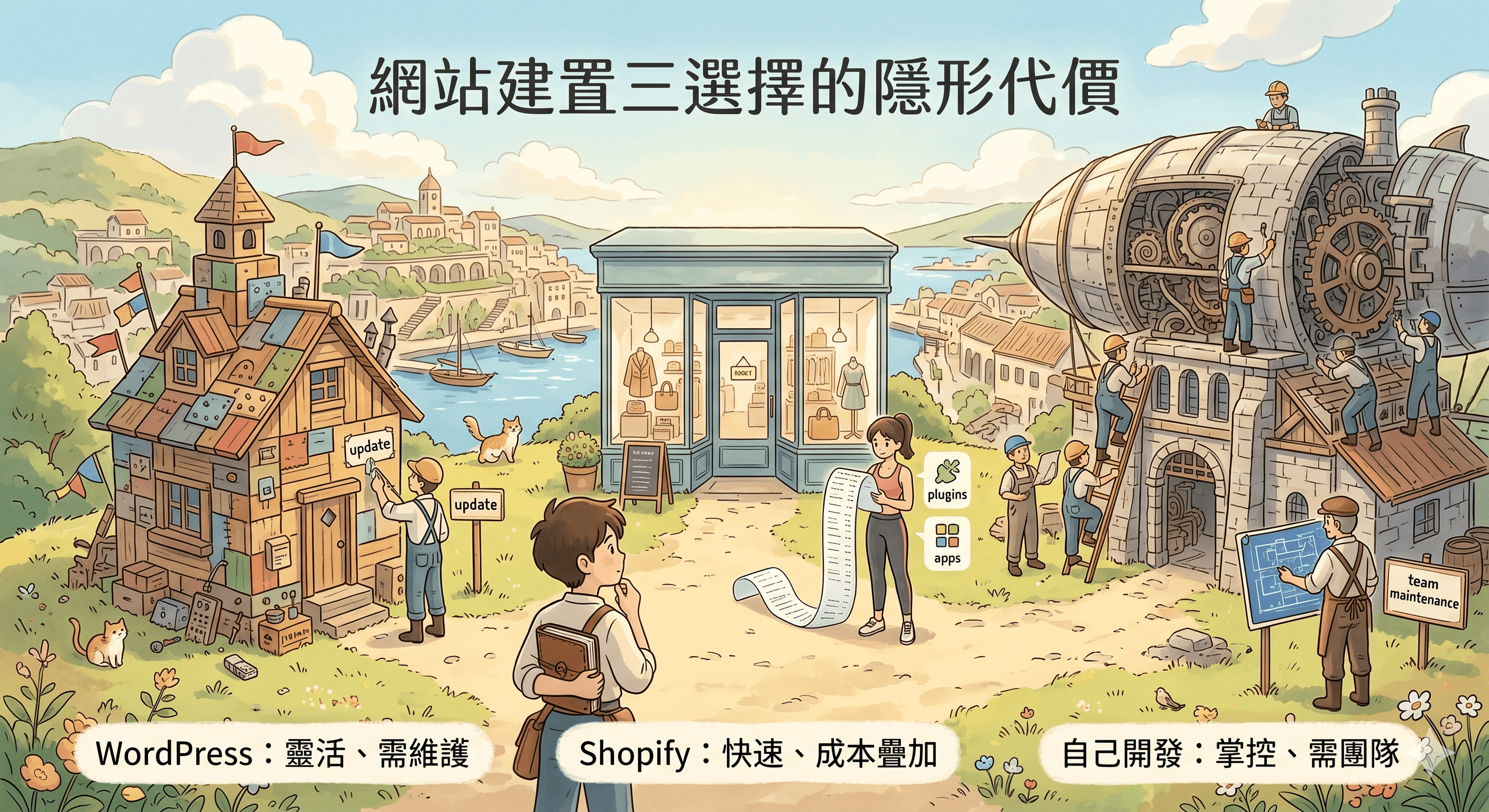 插畫呈現 WordPress、Shopify 與自己開發三種網站建置選擇,分別象徵維護、成本疊加與團隊維運代價